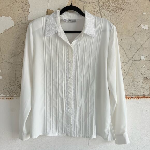 Liz Baker Tops - Vintage Pintuck Blouse Lace Collar Tuxedo Shirt Liz Baker Womens 14 Romantic Top